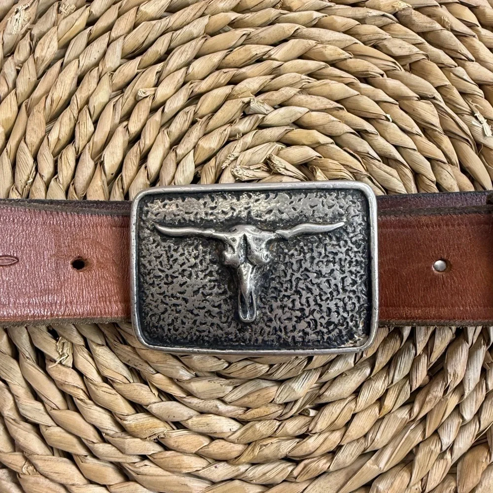 Bed Stu Men's Brown Leather Belt w/Texas Longhorn Bull Buckle. Western. Cowboy.